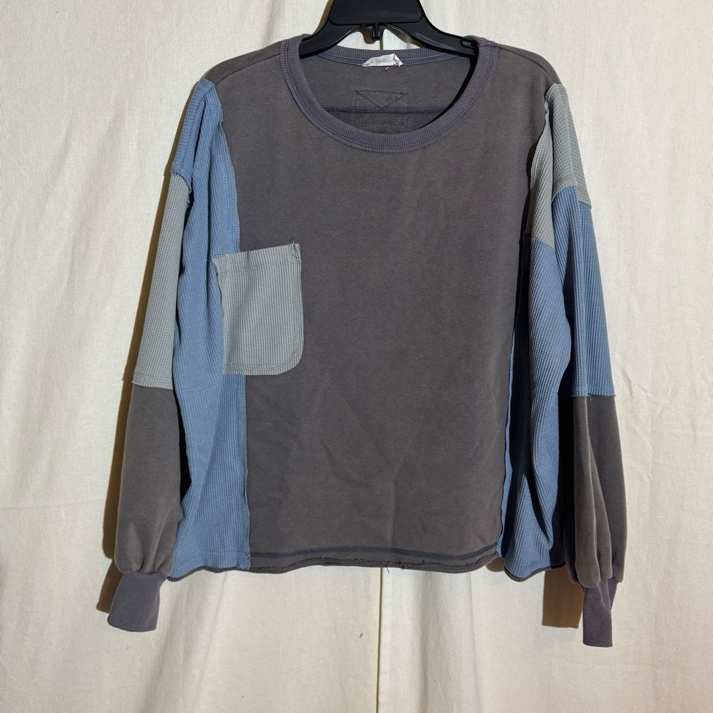 In Loom // Gray, Blue Patchwork Textured Sweatshi… - image 1